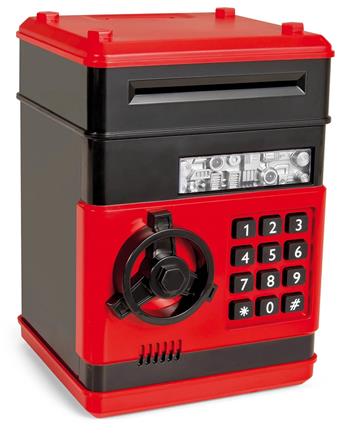 Xiaomen Red and Black Style - Mini Safe Cartoon ATM Electric Password Storage Automatic Rolling Money Machine Coin Deposit Can Simulation Puzzle Toy   ITEM NO.： W000342