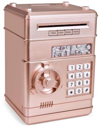 Xiaomen Rose Gold - Mini Safe Cartoon ATM Electric Password Storage Automatic Rolling Money Machine Coin Deposit Can Simulation Puzzle Toy (Rose Gold)   ITEM NO.： W001348