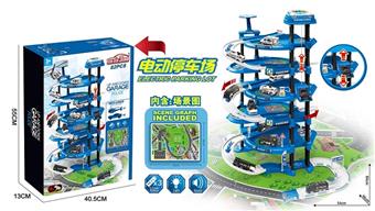 (GCC) LIGHTING SOUND MULTIFUNCTIONAL 5-STOREY POLICE LIFT PARKING LOT SET (WITH 2 ALLOY CARS, 1 ALLOY AIRCRAFT, 1 ROAD SIGN 1 LIGHTHOUSE 1 ENVIRONMENTAL MAP 58X78CM) 82PCS (3 X 1.5V AA BATTERIES NOT INCLUDED)   ITEM NO.： W001033