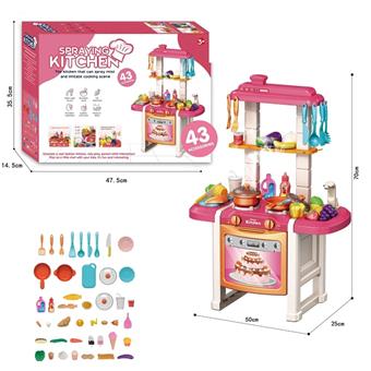 Play house dining table, kitchen stove, fruit and vegetable toys, pink 43 piece set+sound and light water outlet (excluding electricity)   ITEM NO.： W000810