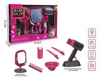 Electric simulation hairdressing set (11 piece set with blowing tube makeup mirror) girl's play toy set   ITEM NO.： W002036