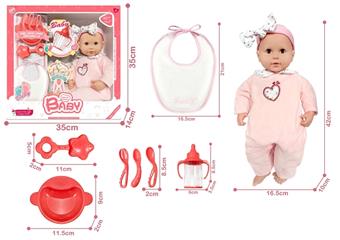 (GCC) Children's Doll Toys 16.5-inch Cotton Body Doll Cutlery, Dining Plate, Ringing Bell, Milk Bottle, bib set   ITEM NO.： W001166