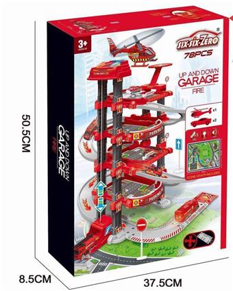 Multi functional four story fire lift parking lot set with lighting and music (equipped with 2 alloy cars, 1 alloy airplane, 1 lighthouse, 1 road sign, 1 environmental map 58x78cm) 78pcs (3 1.5VAA batteries not included) (GCC)   ITEM NO.： W017371