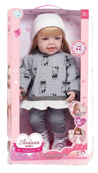 22 inch Rebirth Doll Music Girl can drink water and pee, open and close her eyes, containing a bottle, diaper, comb, and shaking beads with 4 sound IC (IC comes with 3 AG13 button batteries)   ITEM NO.： W005366