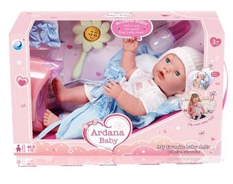 16 inch fully vinyl doll, can drink water and urinate, open and close eyes, bottle+diaper+bell+duvet+socks+chain nipple+electric toilet (toilet comes with 3 AG13 button batteries)   ITEM NO.： W005363