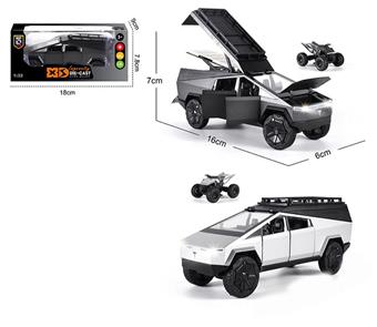 English 1:32 die-casting zinc alloy lighting and sound effects Tesla pickup truck camping RV with small beach car model   ITEM NO.： W009397