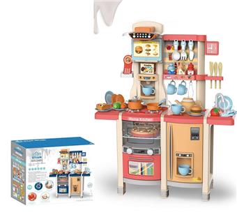 100CM spray kitchen, family room, tableware table, (with spray, novel frying pan, color changing food, multi-function smoking machine, charged mobile phone, light music, water outlet function) 65PCS, 3 * 1.5AA without electricity   ITEM NO.： W005908