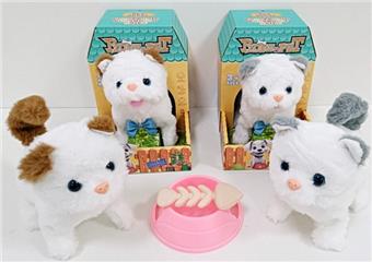 Electric plush grey eared cat/brown eared cat+food bowl+big fish bone   ITEM NO.： W017554