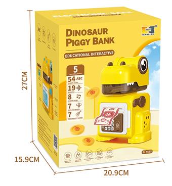 Puzzle early education sound and light dinosaur electronic piggy bank - orange blue (password protection, fingerprint authentication simulation, automatic note rolling, English IC; comes with a pack of banknotes and an English manual)   ITEM NO.： W007108