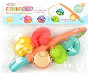 Four plastic coated ducks and fishing rods playing in the bathroom water   ITEM NO.： W012829