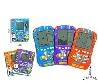 Large screen, sports car shaped puzzle Tetris game console, mixed blue/orange/purple, does not include 2XAAA batteries   ITEM NO.： W005118