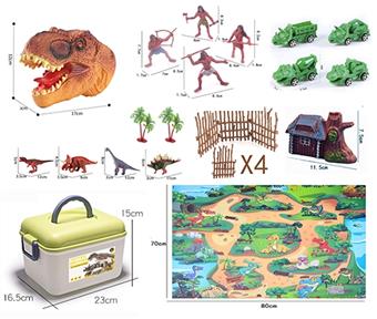 Dinosaur map 1 map size 80 * 70CM portable storage box 1 treehouse 1 medium-sized fence 4 simulated solid dinosaurs 4 small wild men large 4 people dinosaur car 4 large Tyrannosaurus rex figurines 1   ITEM NO.： W033025