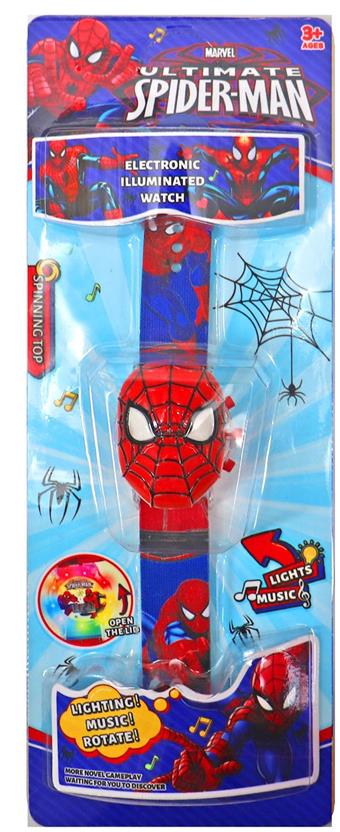 Spider Man 360 degree Rotating 3D Head Light Music Flip Watch   ITEM NO.： W027878