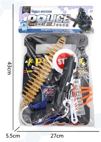 Police kit (bullet chain+parking tag+hang tag+shield+bullet clip+handcuffs+revolver soft bullet gun)   ITEM NO.： W035020