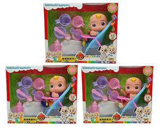 10 inch vinyl cocomelon super baby with 4 theme music and Christmas theme music, 3 different themed characters mixed with playhouse set and diaper with learning to walk and ride   ITEM NO.： W033709