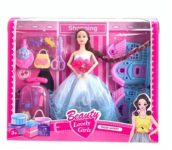 Window box movement joint 11.5-inch full length braid evening dress Barbie girl with perfume bottle+handbag+hairpin+camera+umbrella+kettle   ITEM NO.： W028263