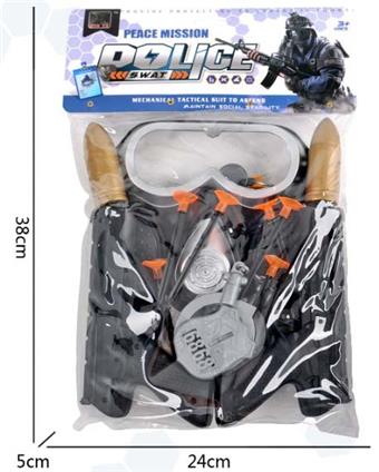 Police kit (double needle gun+mask+handcuffs+badge+telescope+whistle+tag+2 gold bullets)   ITEM NO.： W035011