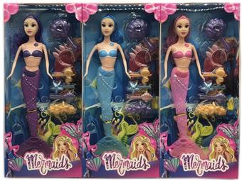 New 14 inch long hair light mermaid with dressing and vacuum forming three mixed designs   ITEM NO.： W033766