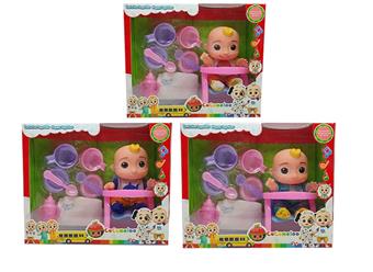 10 inch vinyl cocomelon super baby with 4 theme music and Christmas theme music, 3 different themed characters mixed with playhouse set and diaper with learning to walk and ride   ITEM NO.： W033712