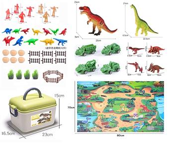 Handheld storage box: 1 medium-sized dinosaur, 2 simulated solid dinosaurs, 4 dinosaurs. Large package: 1 large dinosaur map, size 80 * 70CM. Dinosaur cart: 4 dinosaurs   ITEM NO.： W033029