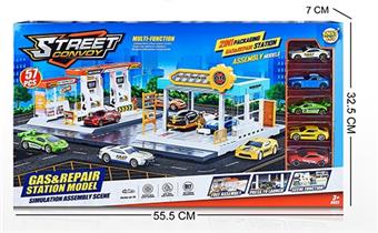 Urban gas station maintenance station combination with 5 alloy cars (parking lot)   ITEM NO.： W028733