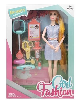 New 11.5-inch solid body fashion short skirt, long hair Barbie with earrings, stethoscope vacuum formed accessories   ITEM NO.： W033488