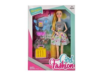 New 11.5-inch solid body fashion short skirt, long hair Barbie with wristband, pet dog blister accessories   ITEM NO.： W033500