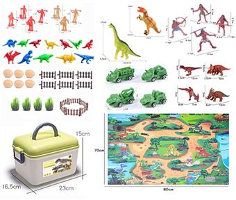 Handheld storage box: 1 medium-sized dinosaur, 2 small wild man, large, 4-person simulation solid dinosaur, 4 dinosaur sets, 1 large package of dinosaur maps, 1 map size of 80 * 70CM dinosaur car, 4 dinosaurs   ITEM NO.： W033031