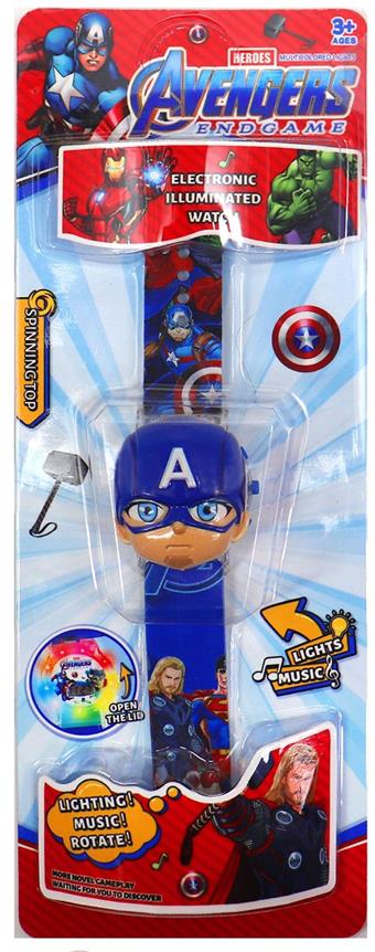 Captain America 360 degree rotating 3D head light music flip watch   ITEM NO.： W027893