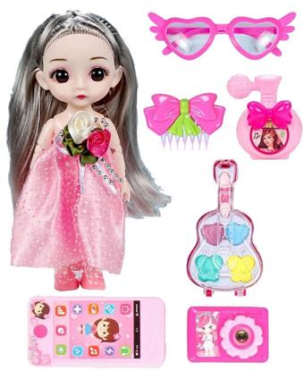 New Princess Jewelry Home Set Sugar Gum Head 6 inch Princess+Violin Makeup Box+Tablet Phone+eye shadow Box+Sunglasses+Camera+perfume+Hairpin   ITEM NO.： W028282