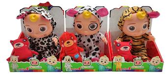 10 inch vinyl cocomelon super baby with 4 different themed music and Christmas music, 3 animal clothes COCO mixed with stuffed cotton teddy bear   ITEM NO.： W033705