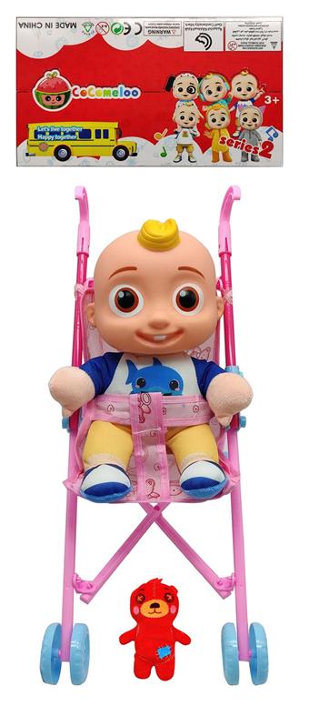 14 inch vinyl head cotton body cocomelon super baby with theme music 4 different theme music and Christmas music plush shark baby COCO with stuffed cotton teddy bear with large cart   ITEM NO.： W033717