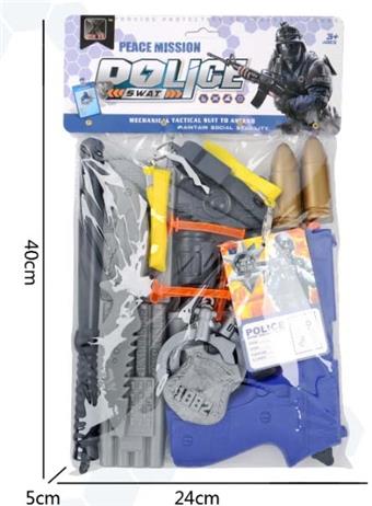 Police kit (baton+handcuffs+knife+walkie talkie+gold bullet * 2+timed bomb+badge+grenade+telescope * 2+tag+camera+whistle+May Fourth soft bullet gun)   ITEM NO.： W035029