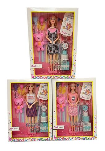 New 11.5-inch solid body fashionable birthday theme Barbie with balloon, teddy bear, and a set of cake vacuum formed three mixed designs   ITEM NO.： W033111