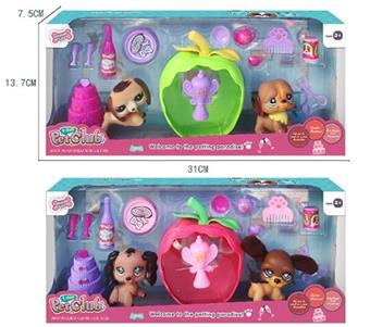 2 Q-version mini puppies with Apple House light bag, button battery   ITEM NO.： W019934