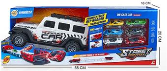 Catapult storage competitive off-road vehicle, transformable rail car with lighting and music function, equipped with 6 alloy cars (including 3 AG13s)   ITEM NO.： W028739