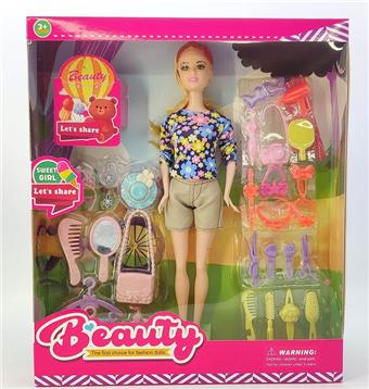 11 inch solid body with eleven joints, movable hands and feet, fashionable shorts, Barbie doll with hat, bag, combing mirror, headband, earrings, camera   ITEM NO.： W028302