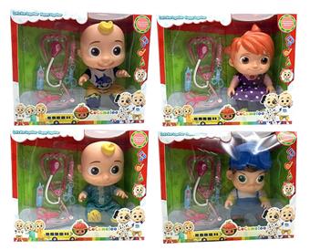 14 inch vinyl cocomelon super baby with 4 theme music and Christmas theme music, 4 different themed characters mixed with stethoscope, small doctor equipment accessories   ITEM NO.： W033708