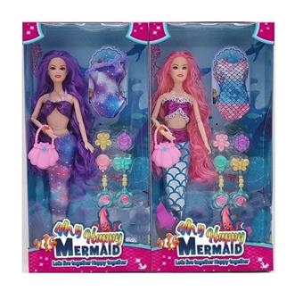 New 14 inch long hair mermaid with handbag, swimsuit, and accessories vacuum formed set, two mixed designs   ITEM NO.： W033751