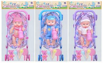 12 inch empty body simulation eye expression doll with iron cart, milk bottle, teddy bear, lollipop balloon, three mixed designs (with 4-speaker IC)   ITEM NO.： W027842