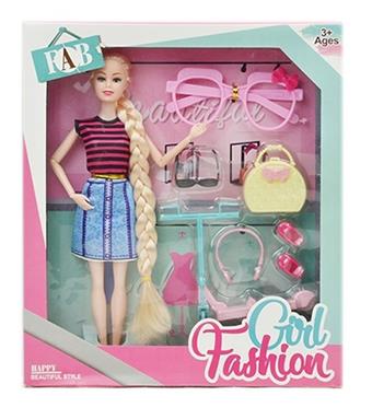 New 11.5-inch full body fashion skirt Fried Dough Twists braid long hair Barbie with glasses, scooter, headphones, handbag plastic parts   ITEM NO.： W033498