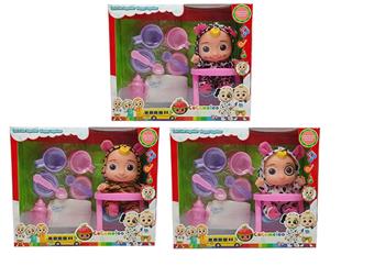 10 inch vinyl cocomelon super baby with 4 theme music and Christmas theme music, 3 different themed characters mixed with playhouse set and diaper with learning to walk and ride   ITEM NO.： W033711