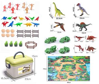 Handheld storage box: 1 medium-sized dinosaur, 2 large-sized dinosaurs, 4 simulated solid dinosaurs, 4 dinosaur packages, 1 large package of dinosaur maps, 1 map size of 80 * 70CM, 4 dinosaur cars   ITEM NO.： W033034