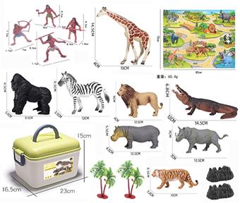 Handheld storage box: 1 simulated tree, 2 rockeries, 2 animal maps, 1 map size of 80 * 70CM, 8 small wild animals, large 4 people   ITEM NO.： W033019