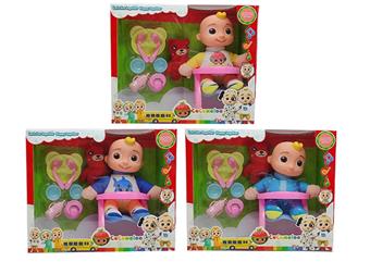 10 inch vinyl head cotton body cocomelon super baby with 4 different themed music and Christmas music, 3 different themed characters mixed, stuffed cotton teddy bear Mickey furniture and diapers   ITEM NO.： W033716
