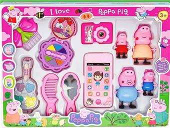 The latest version of Peppa Pig Makeup Family Suit Peppa Pig Page's Family 4 Dolls+Makeup Violin Box+Tablet Phone+eye shadow Plate Makeup Comb+Mirror+Camera+Hairpin   ITEM NO.： W060107