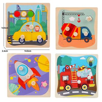 Wooden transportation vehicle, hand-held board puzzle, early education puzzle toy, four mixed versions   ITEM NO.： W049504