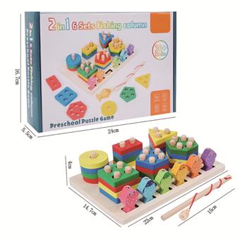 Wooden 6-set column fishing 2-in-1 puzzle toy   ITEM NO.： W049631