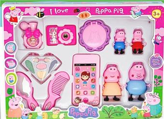 The latest version of Peppa Pig Makeup Homemaker Set Peppa Pig's family 4 dolls+makeup diamond box+tablet phone+eye shadow plate makeup comb+mirror+camera+perfume bottle   ITEM NO.： W060106