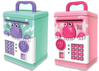 Dinosaur piggy bank (voice switching between Chinese and English) (automatic cash roll, lighting and music, fingerprint recognition, password unlocking)   ITEM NO.： W051702